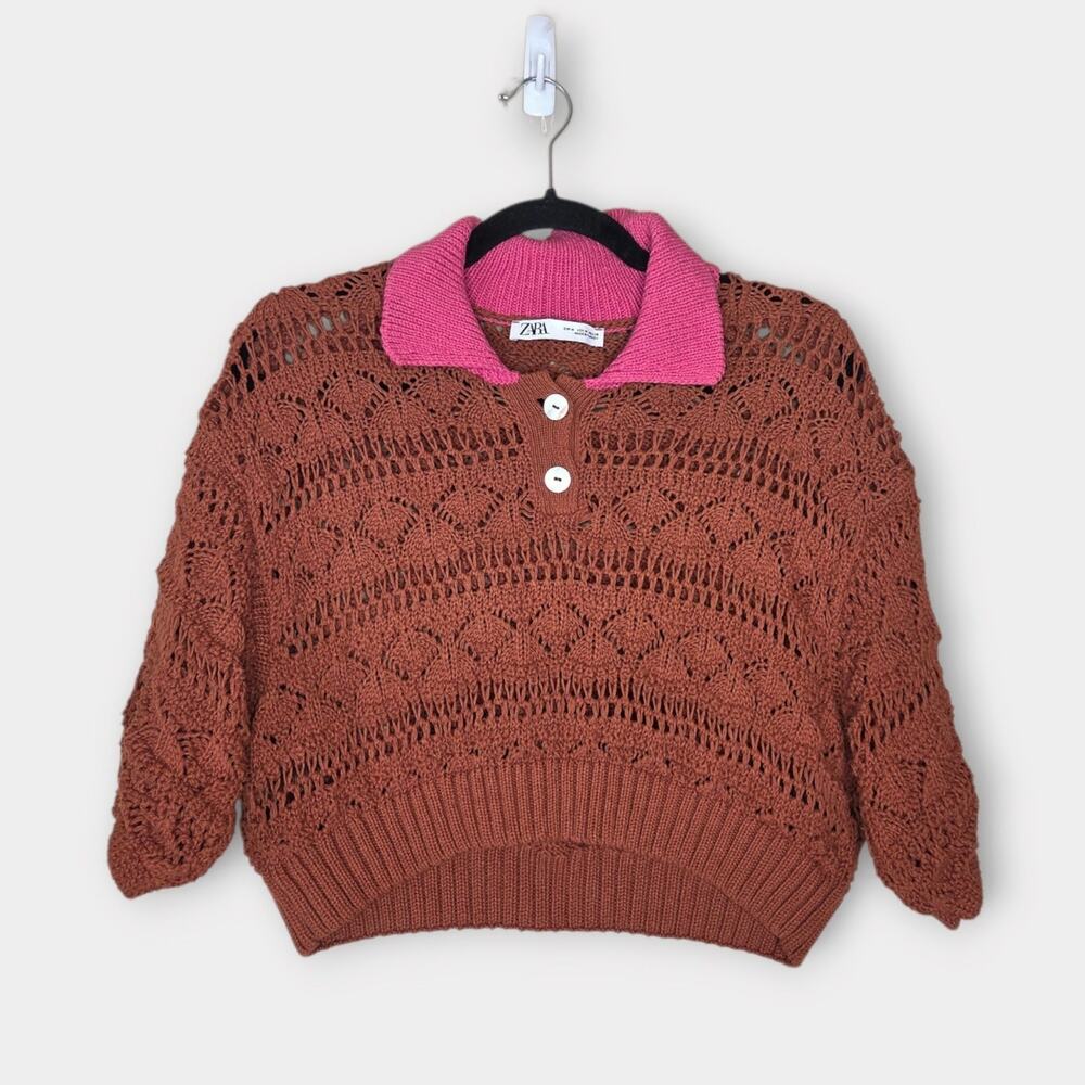 Zara Pointelle Brown Knit Crop Sweater Top Pink Collar Women's Med